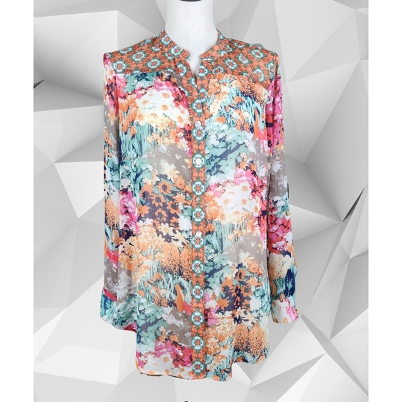 Olive Hill Tops - Olive Hill Womens Multicolor Floral Semi-Sheer Top Size M